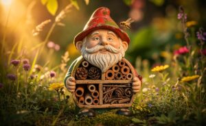 Illustration von einem modernen Gartenzwerg, der als Insektenhotel dient, umgeben von einer blühenden, biodiversen Gartenecke.