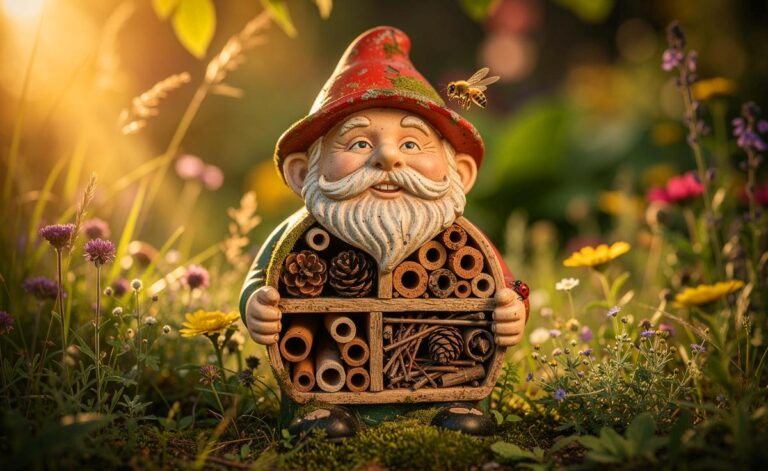 Illustration von einem modernen Gartenzwerg, der als Insektenhotel dient, umgeben von einer blühenden, biodiversen Gartenecke.