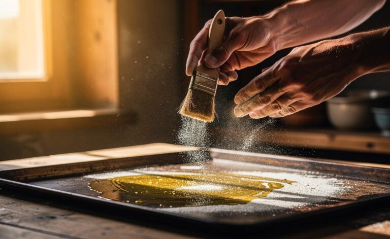 Illustration von einem erfahrenen Bäcker, der ein Backblech mit einer dünnen Schicht Öl und Mehl vorbereitet, während im Hintergrund makellos saubere Bleche glänzen.