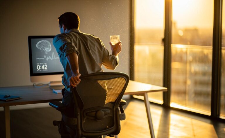 Illustration einer Person, die in einem modernen Büro aufsteht und mit einem Wasserglas in der Hand von ihrem Schreibtisch weggeht, während im Hintergrund schematische Darstellungen von biologischen Rhythmen und einer Uhr zu sehen sind.