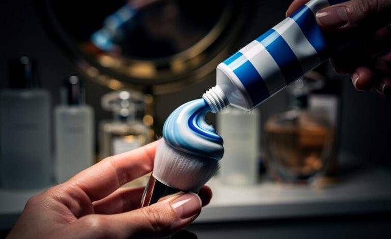 Illustration von einer Hand, die Zahnpasta aus einer Tube auf einen Wattepad drückt, während im Hintergrund Beauty-Utensilien wie ein Pinsel und eine Gesichtscreme zu sehen sind.