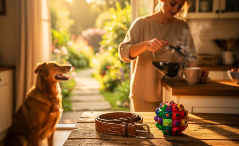 Illustration von einem Hundebesitzer, der morgens ruhig Kaffee einschenkt, während sein Hund gelassen daneben sitzt, und im Hintergrund sind ein Schnüffelpfad sowie ein Futter-Spielzeug zu sehen.