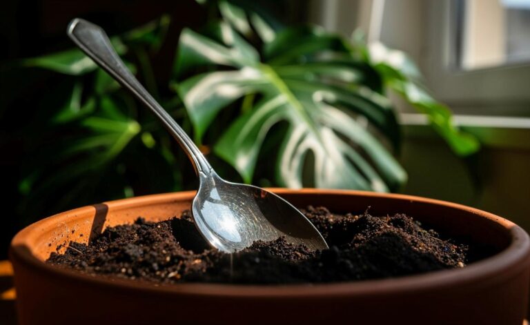 Illustration von einem silbernen Löffel, der in einem Blumentopf mit einer üppigen grünen Zimmerpflanze steckt.