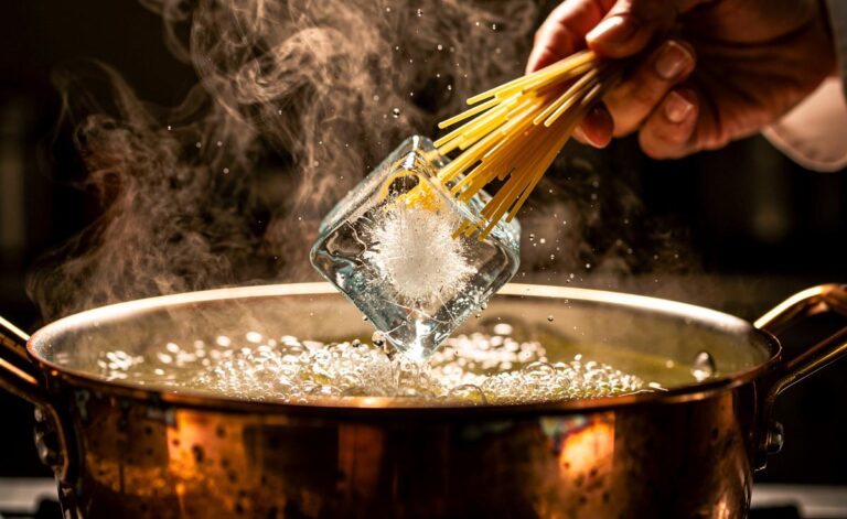 Illustration von einem Eiswürfel, der in einen Topf mit sprudelnd kochendem Nudelwasser fällt, während eine Hand italienische Pasta hineingibt.