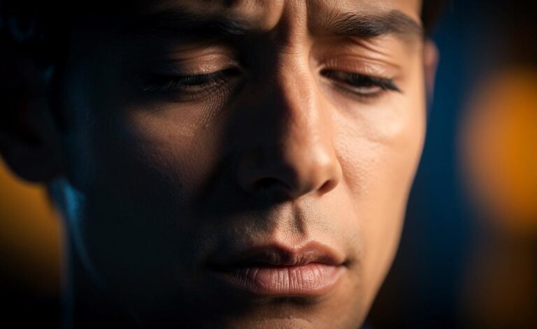 Illustration von einer Person, die bewusst die Augen schließt und öffnet, während Gedankenblitze der Reflexion und gesprochene Worte in der Schwebe gehalten werden.