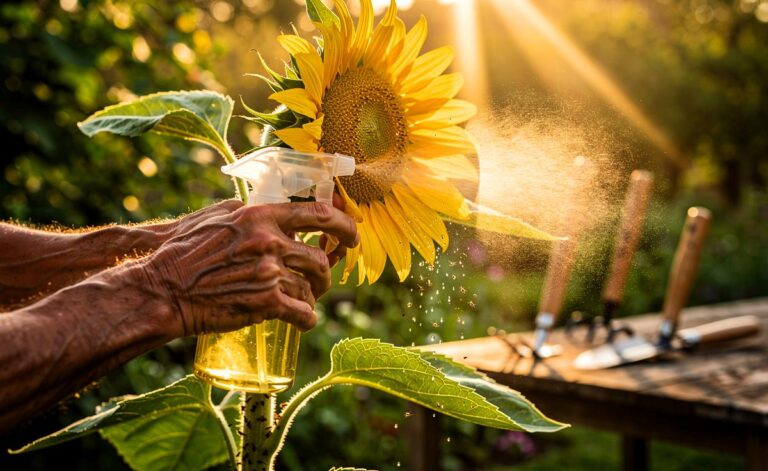 Illustration von einer Gärtnerin, die mit einer Sprühflasche aus Sonnenblumenöl und Wasser Blattläuse von einer Sonnenblume behandelt, während im Hintergrund gepflegtes Werkzeug und Holz zu sehen sind.